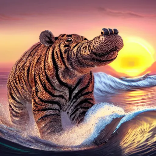 Image similar to a closeup photorealistic photograph of a cute smiling knitted tiger hippopotamus riding an epic wave at sunset. surf in the background. professional capture. brightly lit scene. this 4 k hd image is trending on artstation, featured on behance, well - rendered, extra crisp, features intricate detail, epic composition and the style of unreal engine.