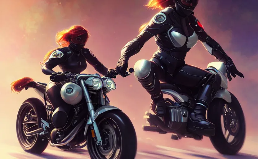 Image similar to Police female riding yamaha motorcycle, sci-fi, highly detailed, digital painting, artstation, concept art, smooth, sharp focus, illustration, art by artgerm and greg rutkowski and alphonse mucha