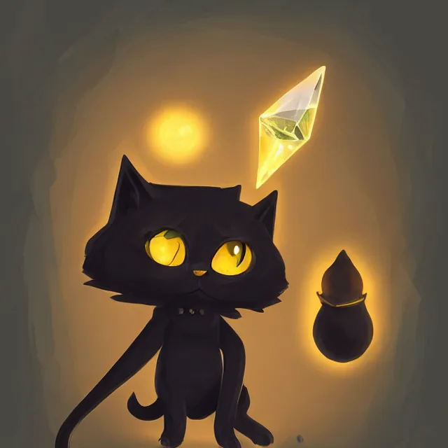 Image similar to a black cat tabaxi sorcerer holding a glowing crystal, character concept, artstation, stylized