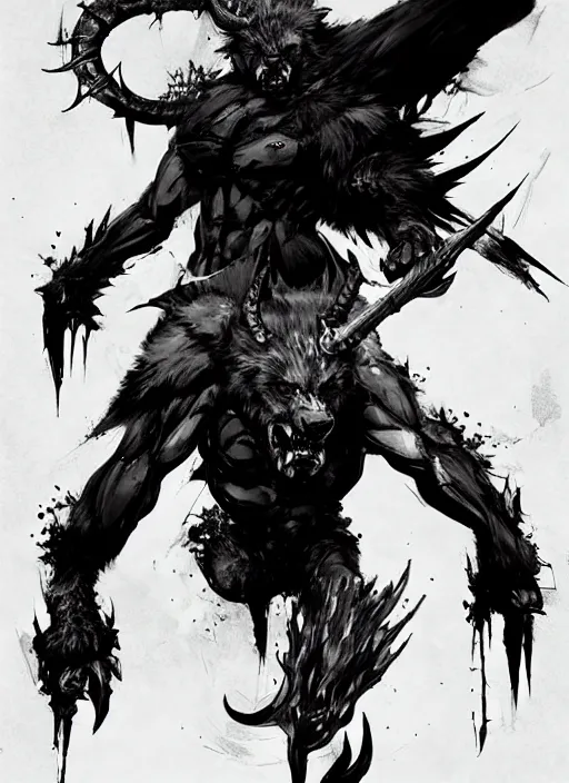 Image similar to A horned bear spirit with sharp claws. In style of Yoji Shinkawa and Hyung-tae Kim, trending on ArtStation, dark fantasy, great composition, concept art, highly detailed.