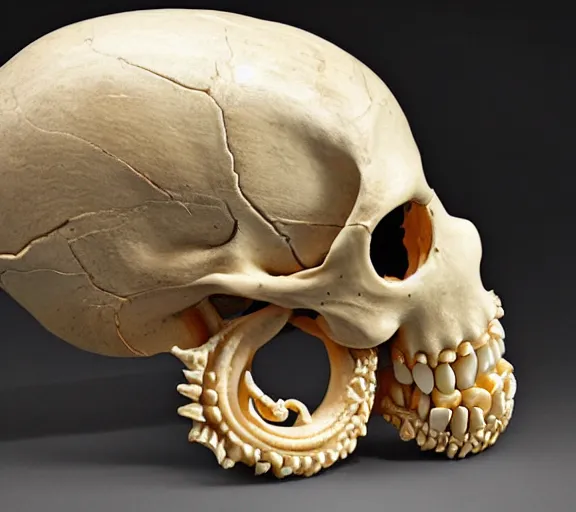 Image similar to an intricately detailed carving in an human - octopus skull, rococo ornate bone and ivory sculpted skull with teeth and tentacles, horror, artifact, micro detailed, inscribed with occult symbols, otherworldly