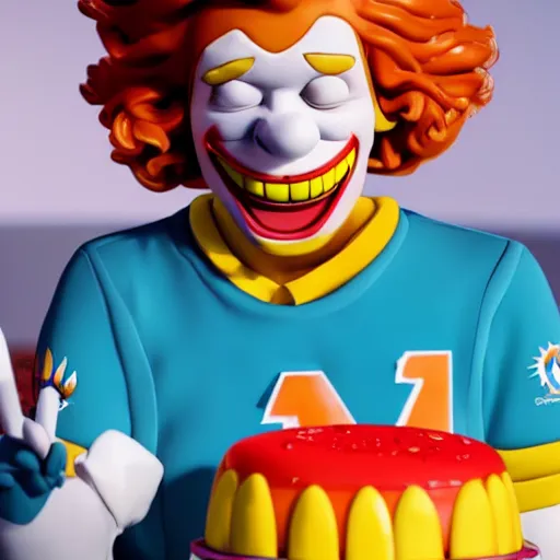 Image similar to Ronald Mcdonald with a birthday cake wearing a miami dolphins jersey, concept art, cgsociety, octane render, trending on artstation, unreal engine 8k,