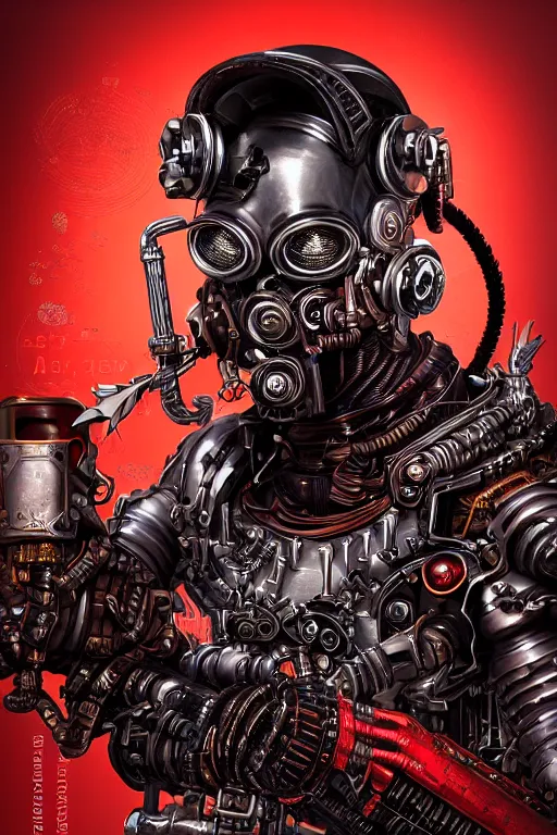 Prompt: Poster portrait of a cyberpunk steampunk dieselpunk sci-fi cyborg ninja, third person, D&D, sci-fi fantasy, pistons and bolts, intricate, black and red, highly detailed, art by Range Murata, highly detailed, 3d, octane render, bright colors, digital painting, trending on artstation, sharp focus, illustration style of Stanley Artgerm, hyper detailed background in a cinematic style