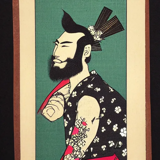 Prompt: japanese woodblock print of a punk with a mohawk and beard, profile picture with decorative flowers