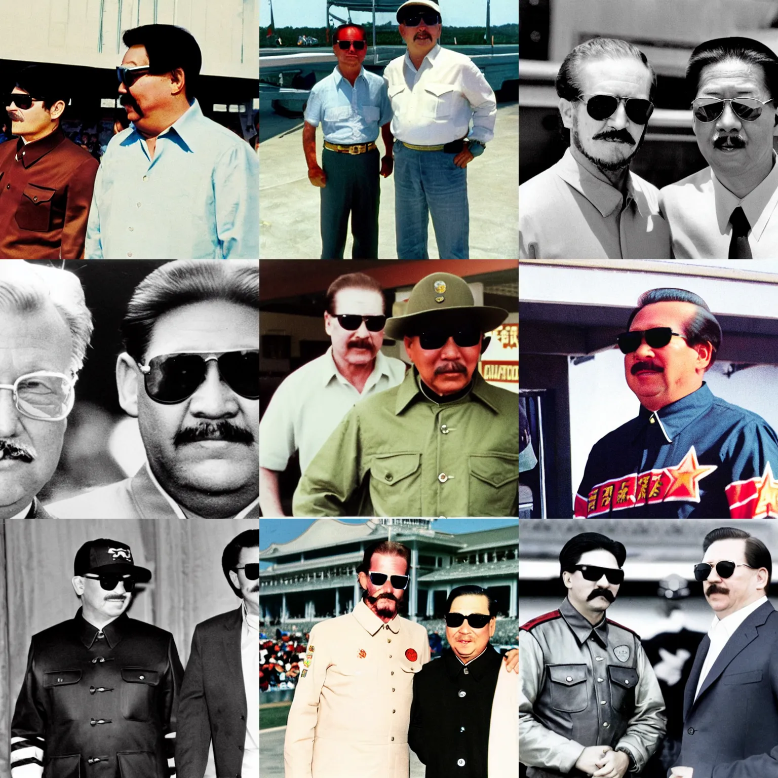 Prompt: a color photo of Dale Earnhardt wearing sunglasses with chairman mao