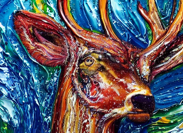 Image similar to still shot close up footage of a deer's head exploding and disintegrating into acrylic pour and splashing paint and dripping paint, thick impasto paint, embossed paint, big flying chunks of paint, motion blur, hyperrealistic, medical, intricate art photography, anatomically correct, realistic crisp textures, 1 6 k