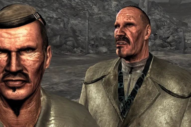 Prompt: Close up screenshot of Janusz Korwin-Mikke centered on his face in the game Fallout: New Vegas (2010), screenshot of a dialog from Fallout: New Vegas (2010)