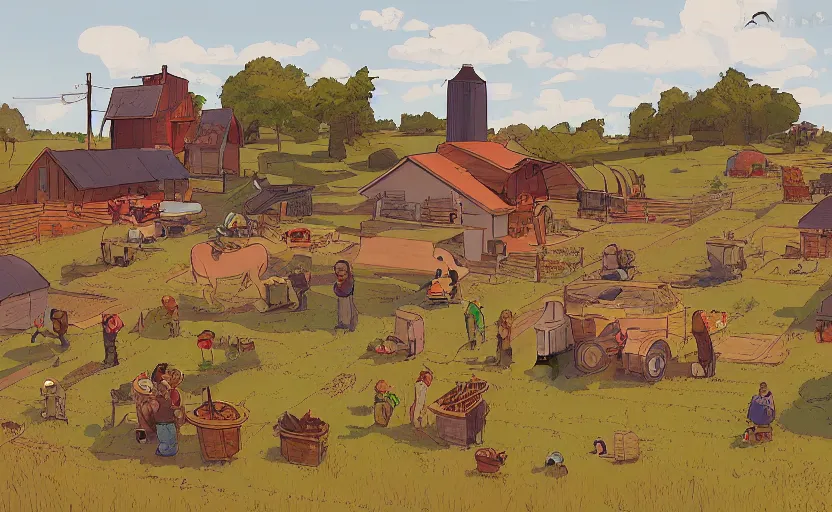 Prompt: people farming on a farm, small village, moebius, james gilleard, print, game art, storybook