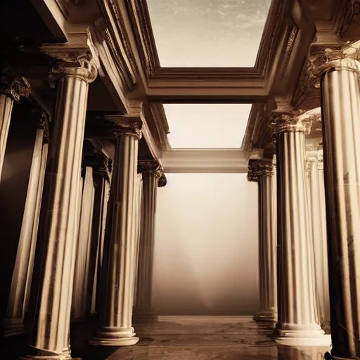 Image similar to portrait photo, god's rejected first draft of humanity, uncanny valley almost human adam and eve, inside a heavenly neo - futuristic greek revival beautiful cloud city with large white marble columns and low mysterious fog, golden hour lighting, god rays, volumetric lighting and fog