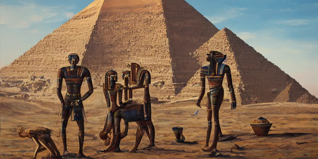 Image similar to extremely detailed painting of a prehistoric android working on an egyptian pyramid, daylight, sunny