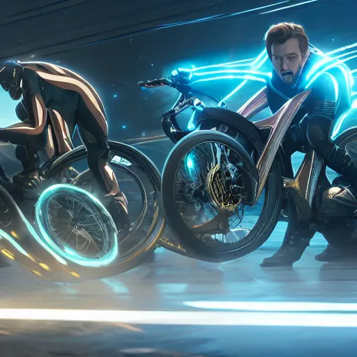 Prompt: tron legacy cycles racing in game by artgerm and greg rutkowski and alphonse mucha, zaha hadid, an epic fantasy, volumetric light, detailed, octane render, midsommar