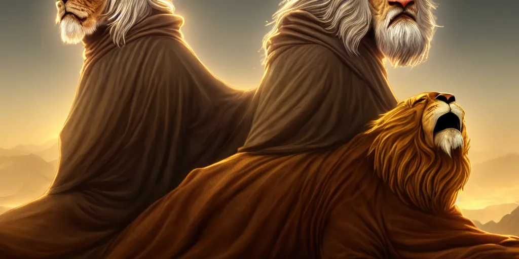 Prompt: alnaqua a hooded wise old man with a long white beard wearing a brown hooded tunic riding on top of a lion, the man riding is on the lion, the wise man is riding on top, majestic, epic digital art, cinematic, trending on artstation, superb detail 8 k, wide - angle, masterpiece