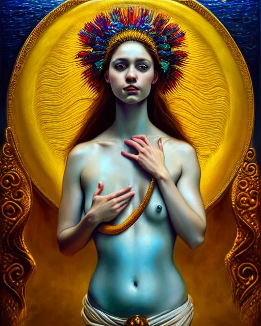 Prompt: portrait of the beautiful young goddess of water, unusual beauty, etheric, outworldly colours, emotionally evoking symbolic metaphors, head in focus, ornamental, intricate, elegant, highly detailed hyperrealistic painting, artstation, concept art, painterly, golden ratio, sharp focus, illustration, art by sarah joncas,