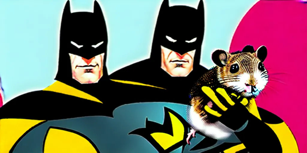 Image similar to The Batman poses with a hamster in his hand, comic book style