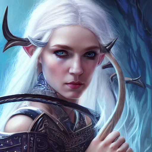 Prompt: detailed photo of elven archer girl, white hair, blue eyes, beautiful, 8 k, by tristan eaton, stanley artgermm, tom bagshaw, greg rutkowski, carne griffiths, trending on deviantart, hyper detailed, glorious lighting, epic environment