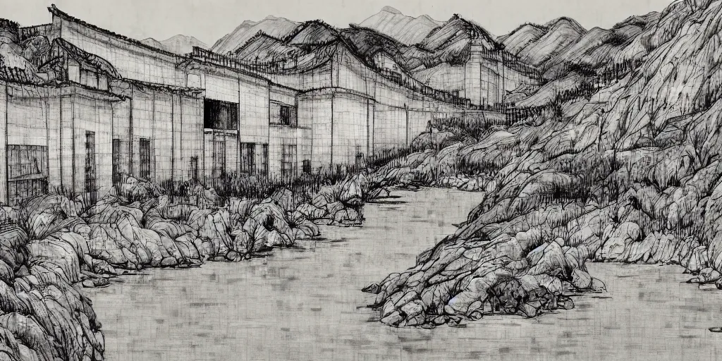 Prompt: a chinese prison by a river, in the style of junji ito and peter doig, parts by edward hopper, parts by rodcenko, parts by yue minjun, parts by peter doig, intricate and epic composition, qing dynasty, 4 k, very detailed, insanely quality, line brush, highly detailed, masterpiece, overlaid with chinese adverts