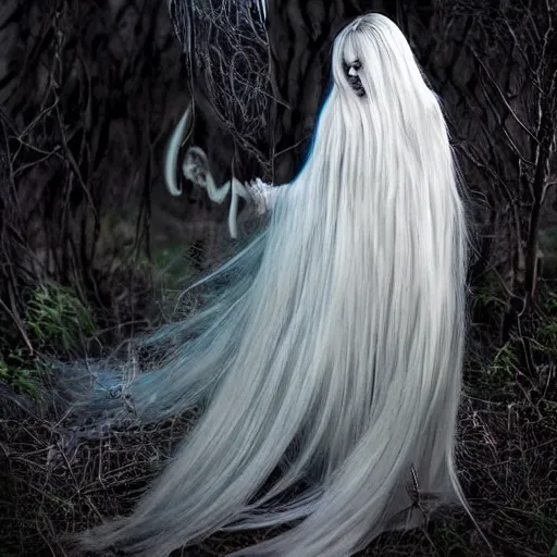 Image similar to ultrarealistic horrific, beautiful banshee with brightly shining wings and long white hair imprisoned in a very dark nearly lightless, sombre, horrific forest