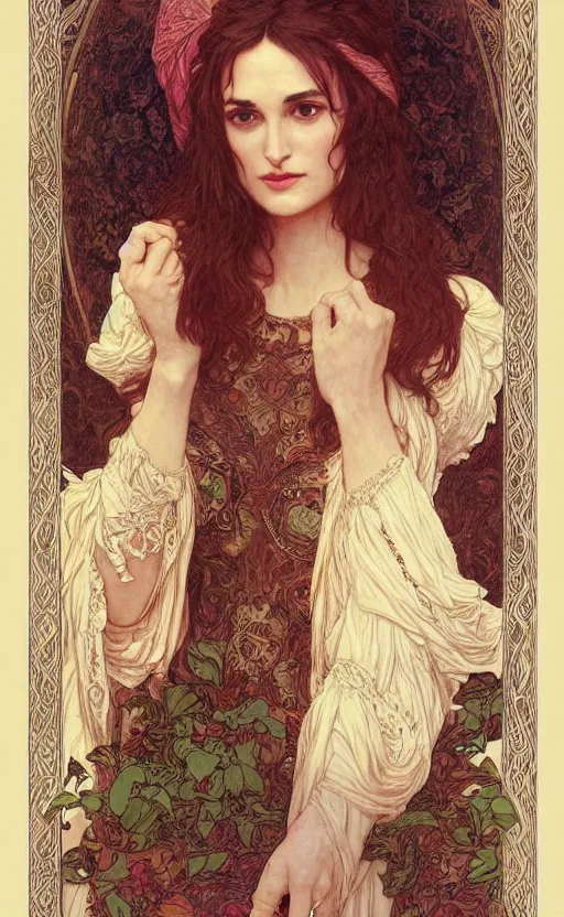 Prompt: winona ryder in repose, kiera knightly in repose, traditional corsican, intricate, highly detailed, artstation, illustration, jurgens, mucha, rutkowski, bouguereau