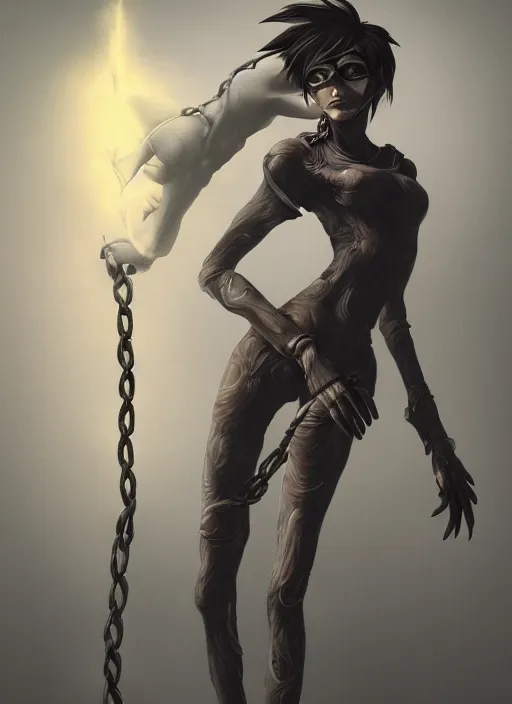 Image similar to full body horror painting of tracer from overwatch, in style of zdzisław beksinski, horror, 4 k, feminine facial features, silhoutte, black, dark, black armor, detailed face, tall, ropes and chains,