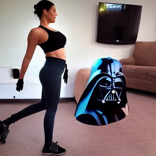 Image similar to ultra realistic darth vader in yoga pants taking a belfie