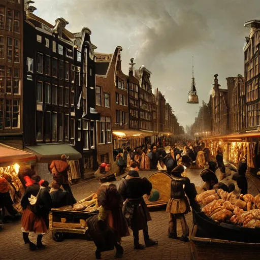 Image similar to Amsterdam Fish Market with huge crowd of Calvinists dress in black in the 17th century. realistic, digital art. Photo realistic, hyperdetailed, HD, Octane Render Substance Designer. Hiroshi Yoshida, James Gurney, Norman Rockwell, Albert Bierstadt, Marc Simonetti, John Harris, Peter Mohrbacher, Ralph McQuarrie.