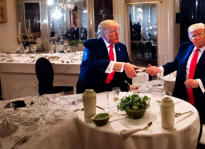 Prompt: Trump and Biden having dinner at a fancy Greek restaurant, award winning cinematic photography, 50 mm, blurred background, trending on twitter