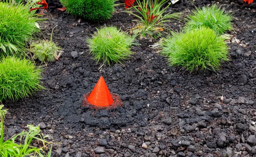 Image similar to miniature cone volcano erupting with streams of lava in a suburban yard, ground level