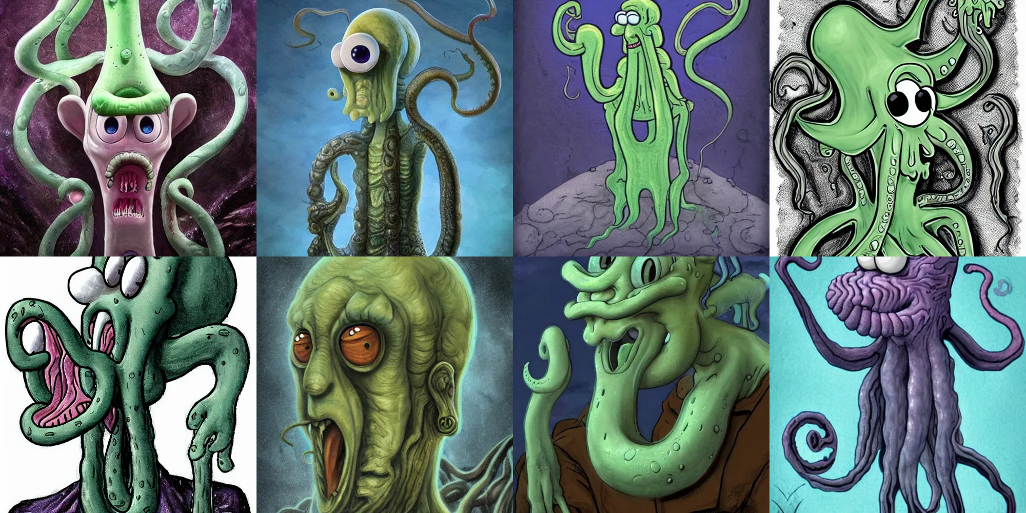 Prompt: Squidward as an eldritch horror, detailed, hyper realistic, monster, slime, atmospheric