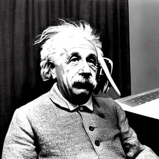 Image similar to vintage photo of einstein wearing headphones shouting at a macbook pro