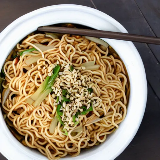 Prompt: noodles in styrofoam bowl,