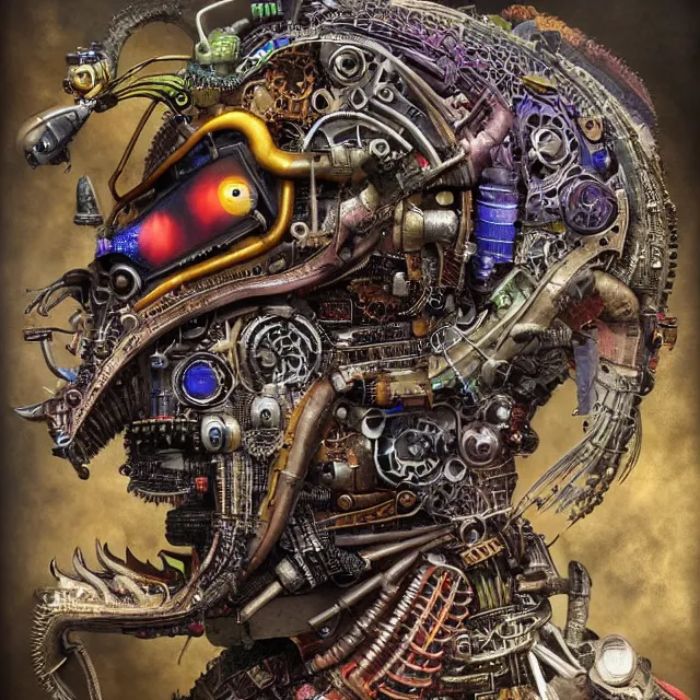 Image similar to profile portrait of a dragon, computer parts, mechanical parts, by giuseppe arcimboldo, steampunk, cyberpunk, futuristic, psychedelic, surreal, sci - fi, vaporwave, alien, dreamlike.