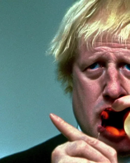 Image similar to film still close - up shot of boris johnson picking his nose from the movie monty python's the meaning of life. photographic, photography