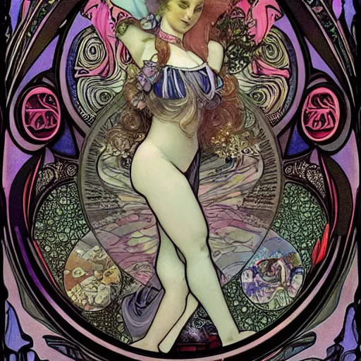 Image similar to Alice in Wonderland,Diamonds Blaze,Rose twining,out of time and space,dreamy, eternity, romantic,highly detailed,in the style of Alphonse Maria Mucha, highly detailed,night lighting