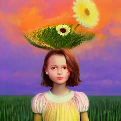 Image similar to giant daisy flower head, portrait of girl in flower field, holding daisy, surreal photography, sunrise, impressionist painting, colorful clouds, digital painting, artstation, simon stalenhag, flower face