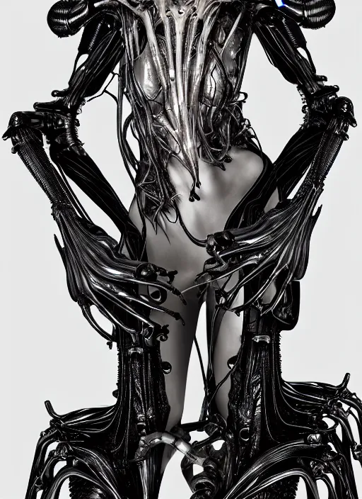 Image similar to iris van herpen gothic inflateble dark dress, perfect symmetrical body, helmet on face, full body shot, alien, plant predator, guyver, giger, wires, tubes, veins, jellyfish, white biomechanical details, wearing epic bionic cyborg implants, masterpiece, intricate, biopunk, vogue, highly detailed, artstation, concept art