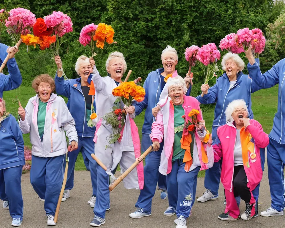 Image similar to a gang of old ladies waving flowers and large hammers, and wearing Umbro track suits laughing maniacally and screaming