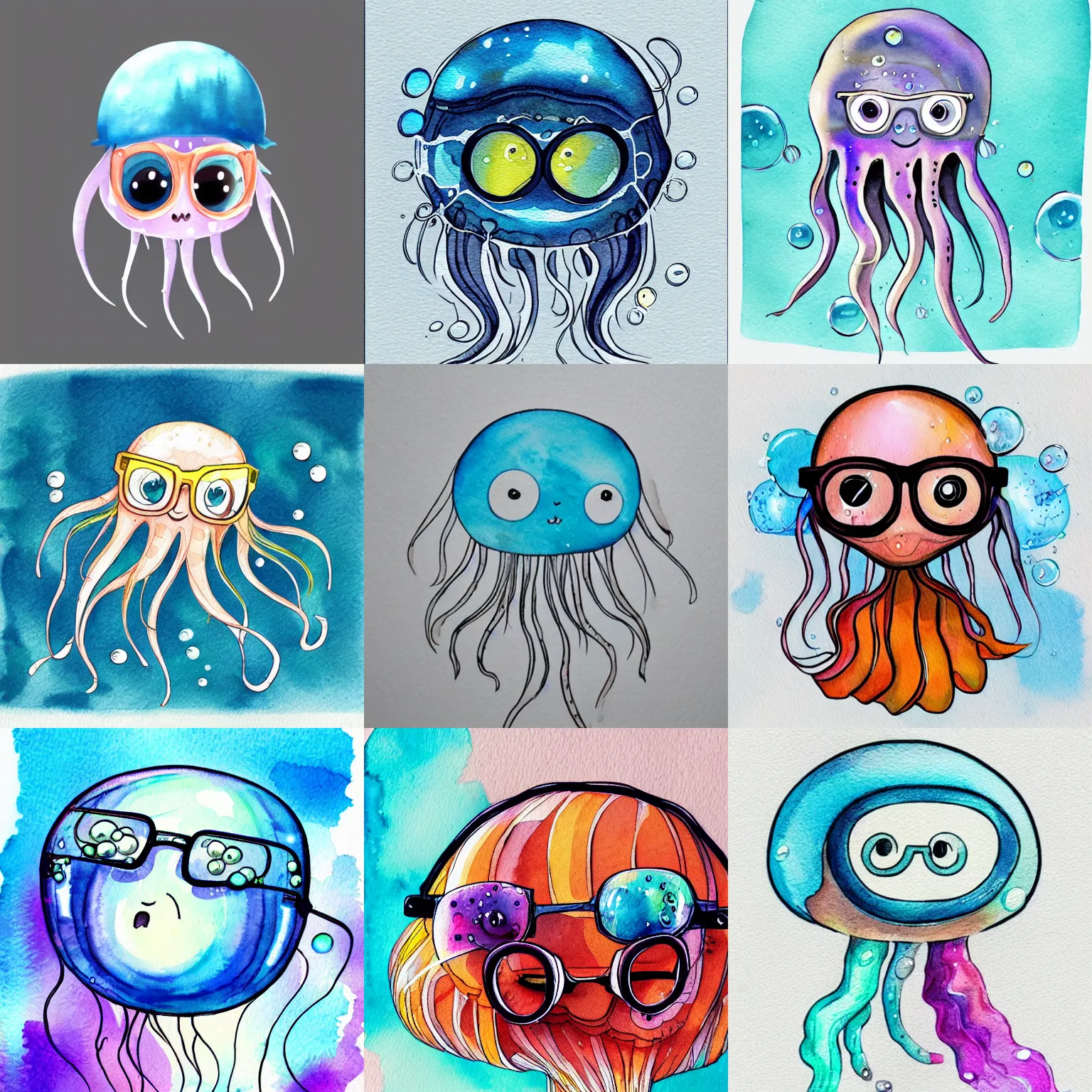 Prompt: a cute jellyfish wearing glasses, glasses frames, artstation, water bubbles, watercolor and pen