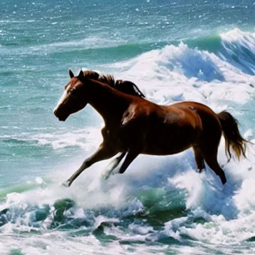 Prompt: Photograph of a horse running away from a giant wave of tsunami