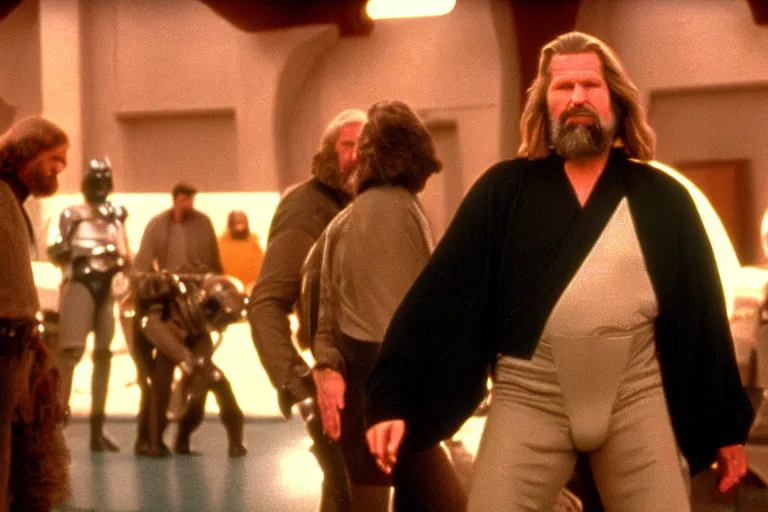 Image similar to Jeff Bridges from The Big Lebowski bowling in the Mos Eisley Cantina from Star Wars