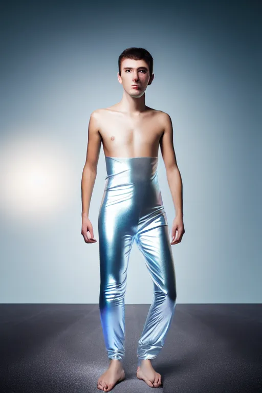 Image similar to un ultra high definition studio quality photographic art portrait of a young man standing on the rooftop of a british apartment building wearing soft baggy inflatable padded silver iridescent pearlescent clothing. three point light. extremely detailed. golden ratio, ray tracing, volumetric light, shallow depth of field. set dressed.