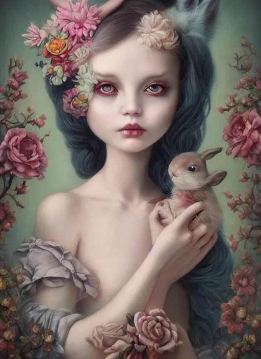 Image similar to pop surrealism, lowbrow art, realistic cute alice girl painting, holding a bunny, hyper realism, muted colours, rococo, natalie shau, loreta lux, tom bagshaw, mark ryden, trevor brown style,