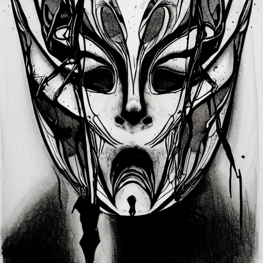 Prompt: an ink drawing of cracked, broken white tragedy mask, deviant art, artgerm