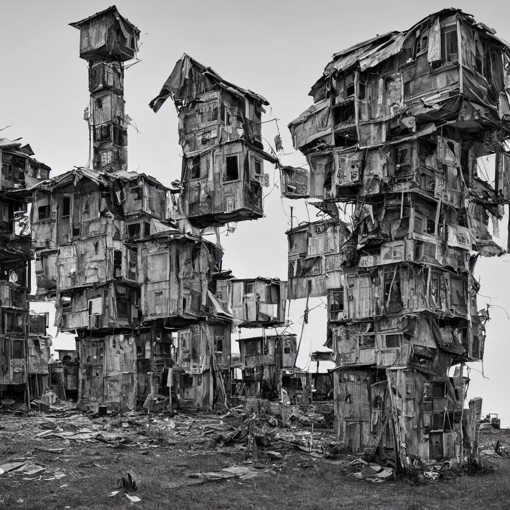 Prompt: a tower made up of makeshift squatter shacks, dystopia, sony a 7 r 3, f 1 1, fully frontal view, photographed by richard avedon, ultra detailed,