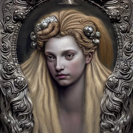 Prompt: baroque neoclassicist closeup renaissance portrait of beautiful moon goddess with stars in her flowing hair, reflective detailed textures, glittering silver ornaments, dark fantasy science fiction painting by diego rivera and jean delville and ruan jia and nicholas roerich and annie swynnerton and bussiere, dramatic lighting, gleaming silver, deep rich colors, artstation, octane render