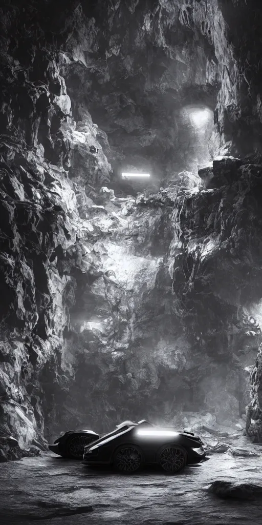 Image similar to the batmobile standing in a very dark and wet cave. highly detailed. intricate. mist. atmospheric. rim light. photorealistic. 8 k. monochrome. rays of light filling the cave. cinematic. matte painting. cinema 4 d. octane render. imagined by ash thorp. ambient occlusion. global illumination.