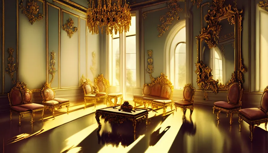 Image similar to rococo interior made from chrome, versailles, light, shadows, reflections, epic composition, intricate, elegant, volumetric lighting, digital painting, highly detailed, artstation, sharp focus, illustration, concept art, ruan jia, steve mccurry