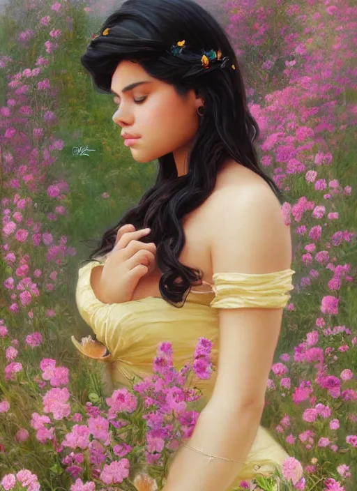 Prompt: beautiful thirty year old woman with long black hair, tan skin, curvy hourglass figure, round cute face, slight resemblance to selena gomez and vanessa hudgens wearing a modest colorful disney princess gown in a field of flowers. beautiful painting by artgerm and greg rutkowski lois van baarle and bouguereau