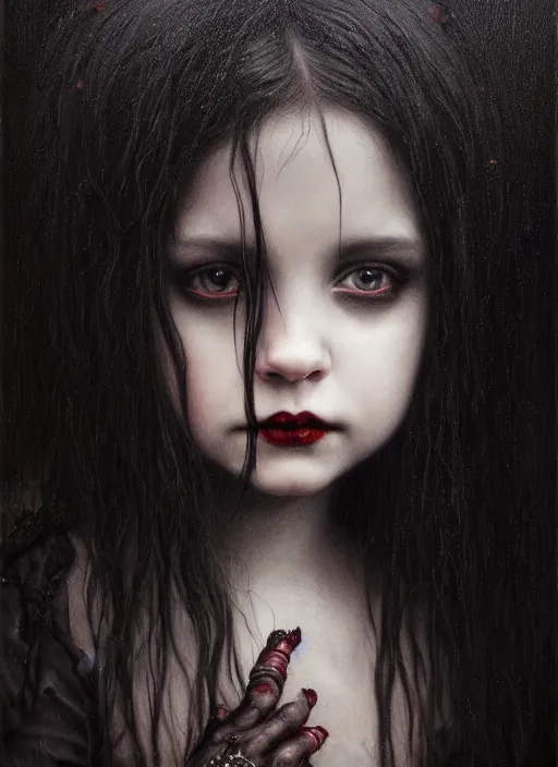 Image similar to highly detailed oil painting | very intricate | cinematic lighting | black, white and blood color scheme, dark background | portrait of a exquisite beautiful vampire little girl with long elegant tangles of black hair, eyes, gothic fog ambience, hyper realistic head, fantasy victorian art, in the style of greg rutkowski, zdizslaw beksinski, intricate, alphonse mucha