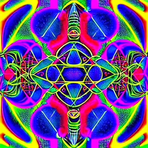 Prompt: DMT Trip, Hyper Detailed Geometric Shapes, Hyperbolic Geometry, Machine Elves