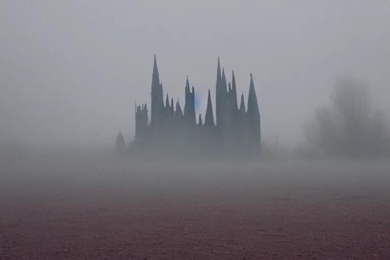 Prompt: purple hills in fog, trees made of liquid melted wax paper, tall red brutalist desert gothic cathedral